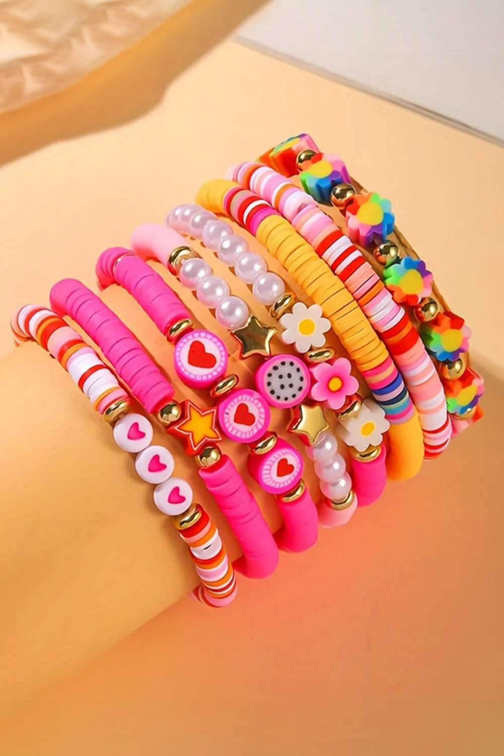 Coral Paradise Boho Colorful Flower Heart Beads Bracelet Coral Paradise ONE SIZE polymer clay Bracelets - Tophatter Daily Deals